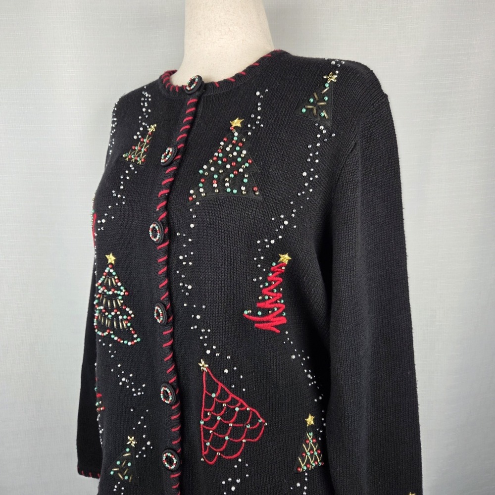 Vintage Studio Fa La La Beaded Christmas Cardigan Sweater Women's Large
